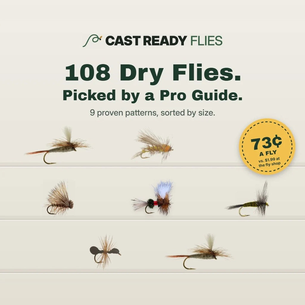 108 trout dry flies in 9 patterns, picked by a pro guide — 73¢ a fly