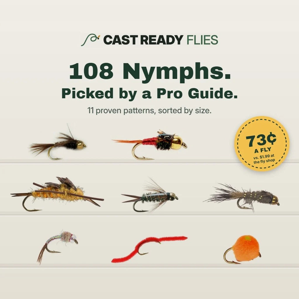 108 trout nymphs in 11 patterns, picked by a pro guide — 73¢ a fly