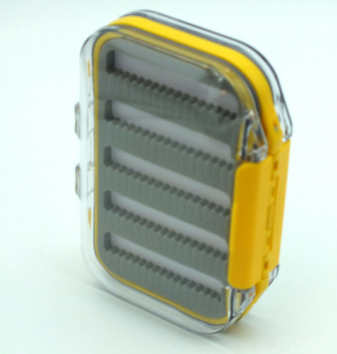 Waterproof fly box, closed, with clear lid and yellow seal